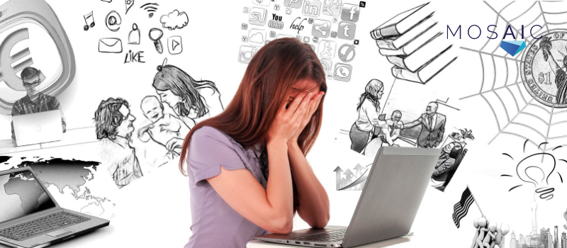 Woman at laptop. Burnout self-scoring assessment